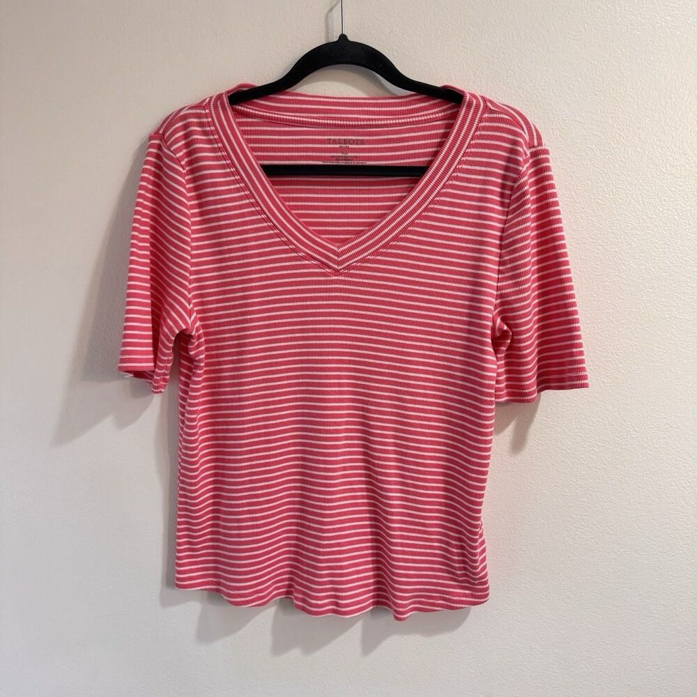 Talbots T-shirt XLP Petite Striped Pink White V-neck Ribbed Stretch Preppy
